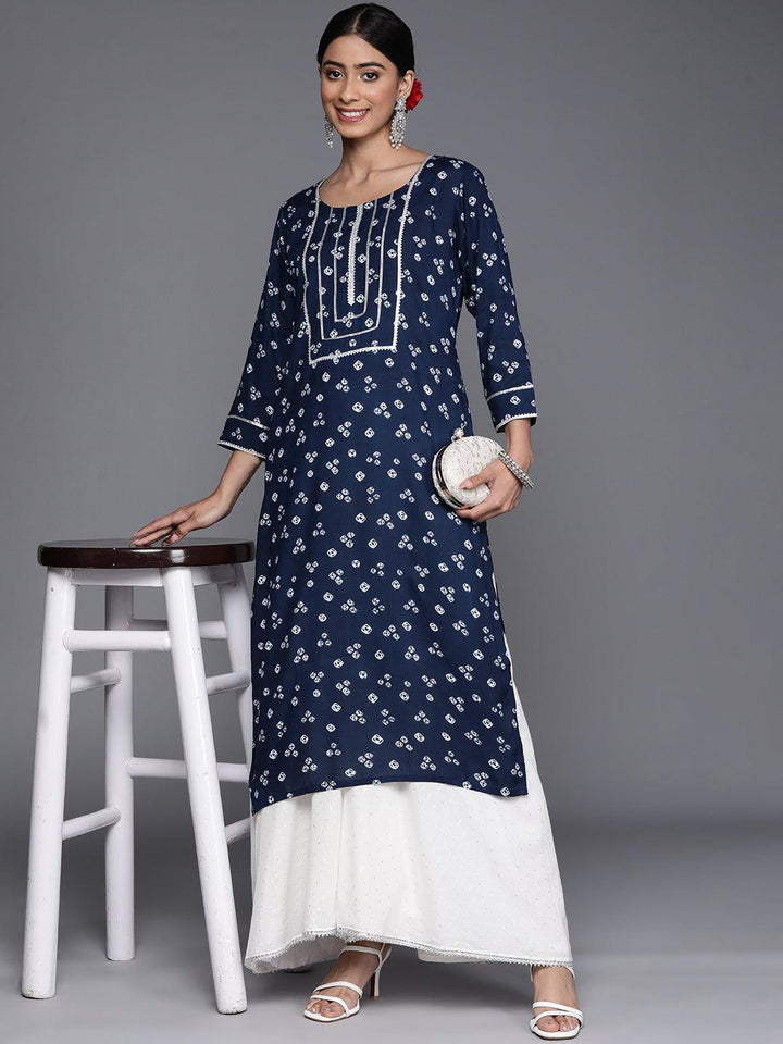 Navy Blue Yoke Design Rayon Straight Kurta - Libas