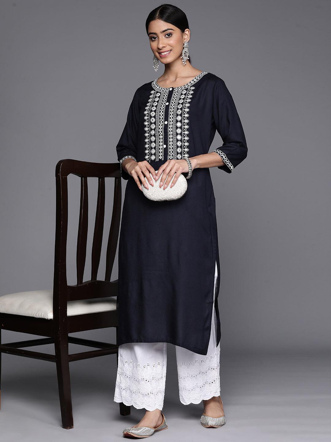 Navy Blue Yoke Design Rayon Straight Kurta - Libas