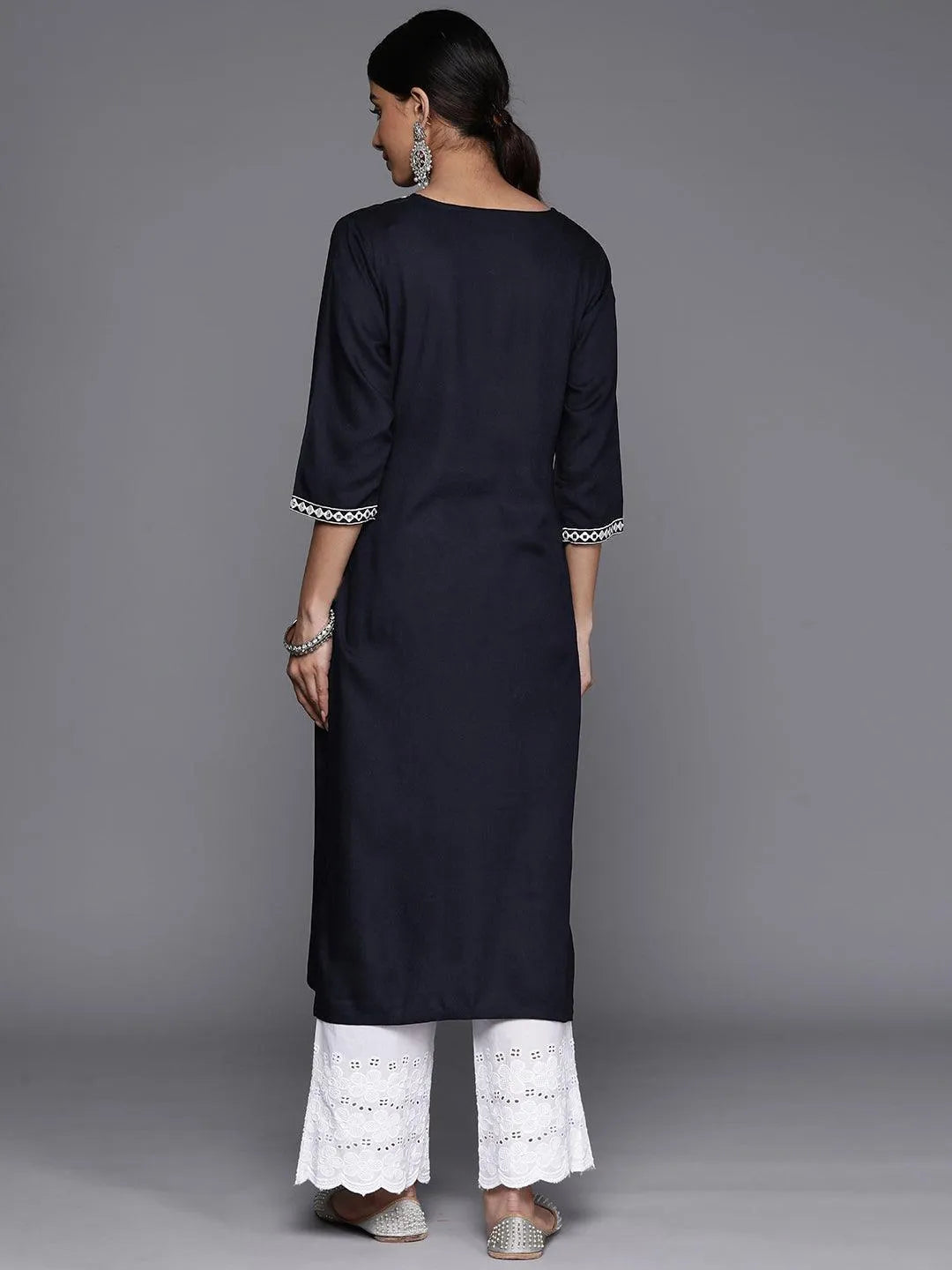 Navy Blue Yoke Design Rayon Straight Kurta - Libas