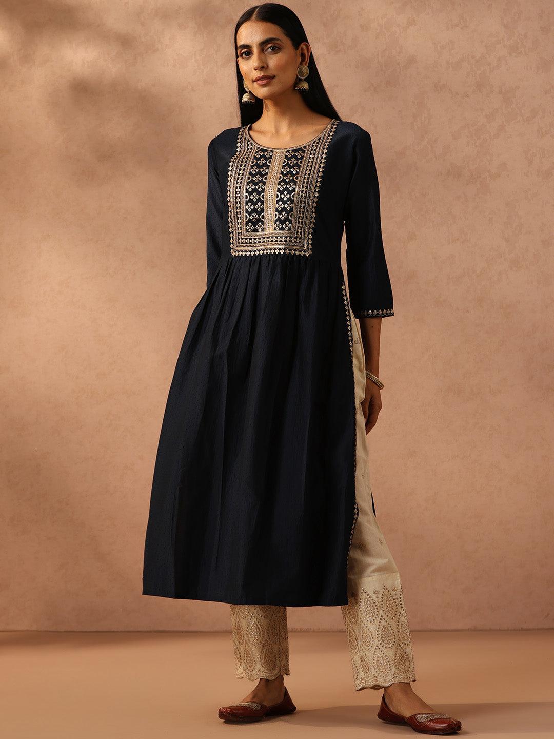 Navy Blue Yoke Design Silk A-Line Kurta - Libas 