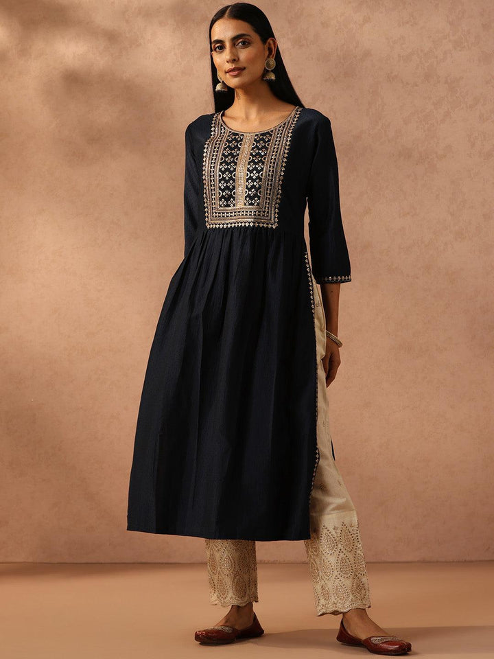 Navy Blue Yoke Design Silk A-Line Kurta - Libas