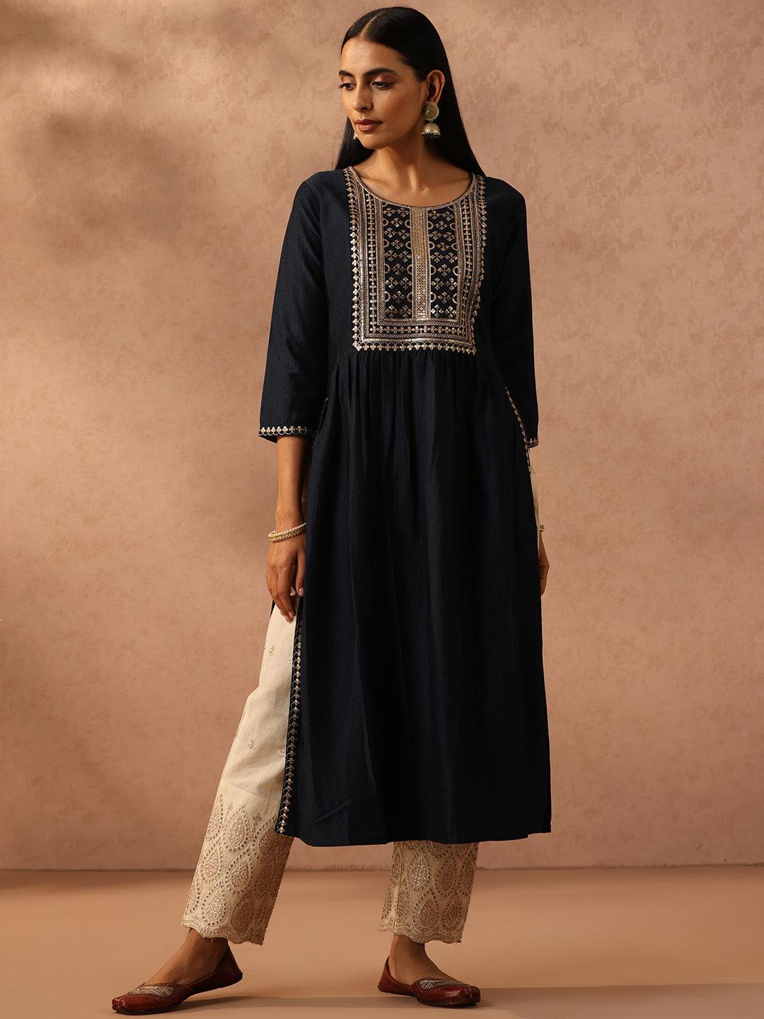 Navy Blue Yoke Design Silk A-Line Kurta - Libas 