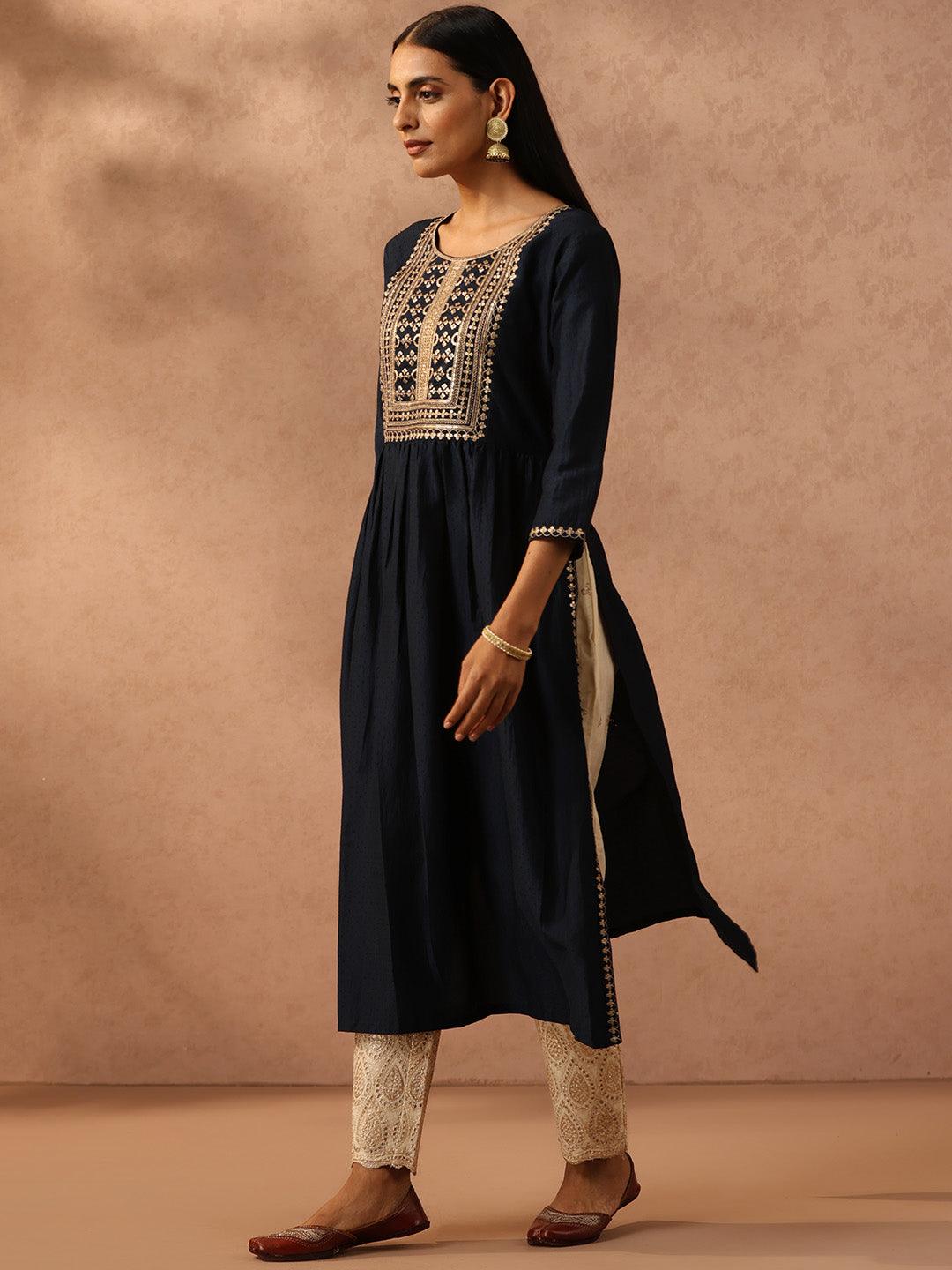 Navy Blue Yoke Design Silk A-Line Kurta - Libas 