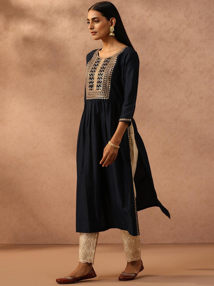 Navy Blue Yoke Design Silk A-Line Kurta - Libas