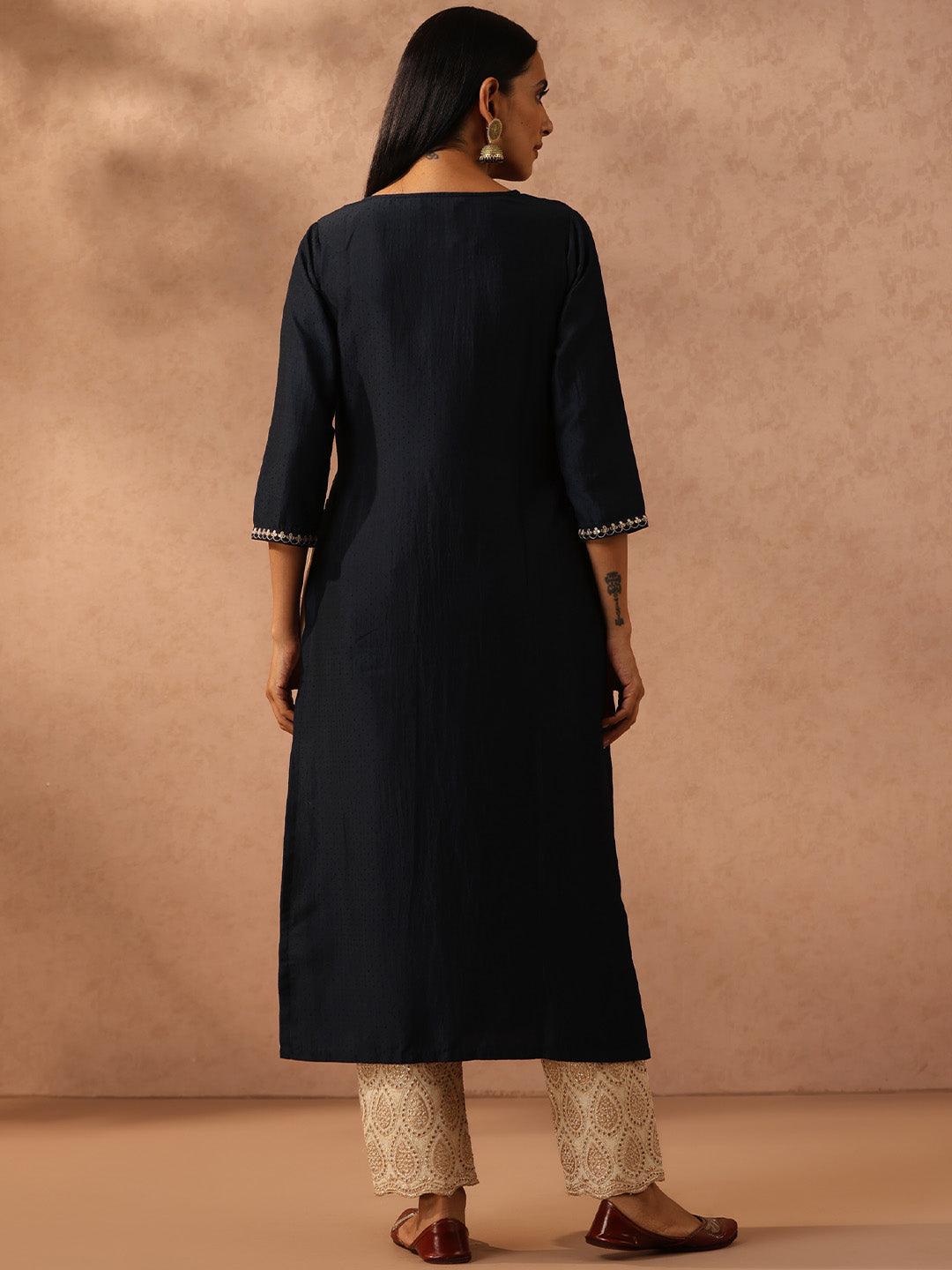 Navy Blue Yoke Design Silk A-Line Kurta - Libas 