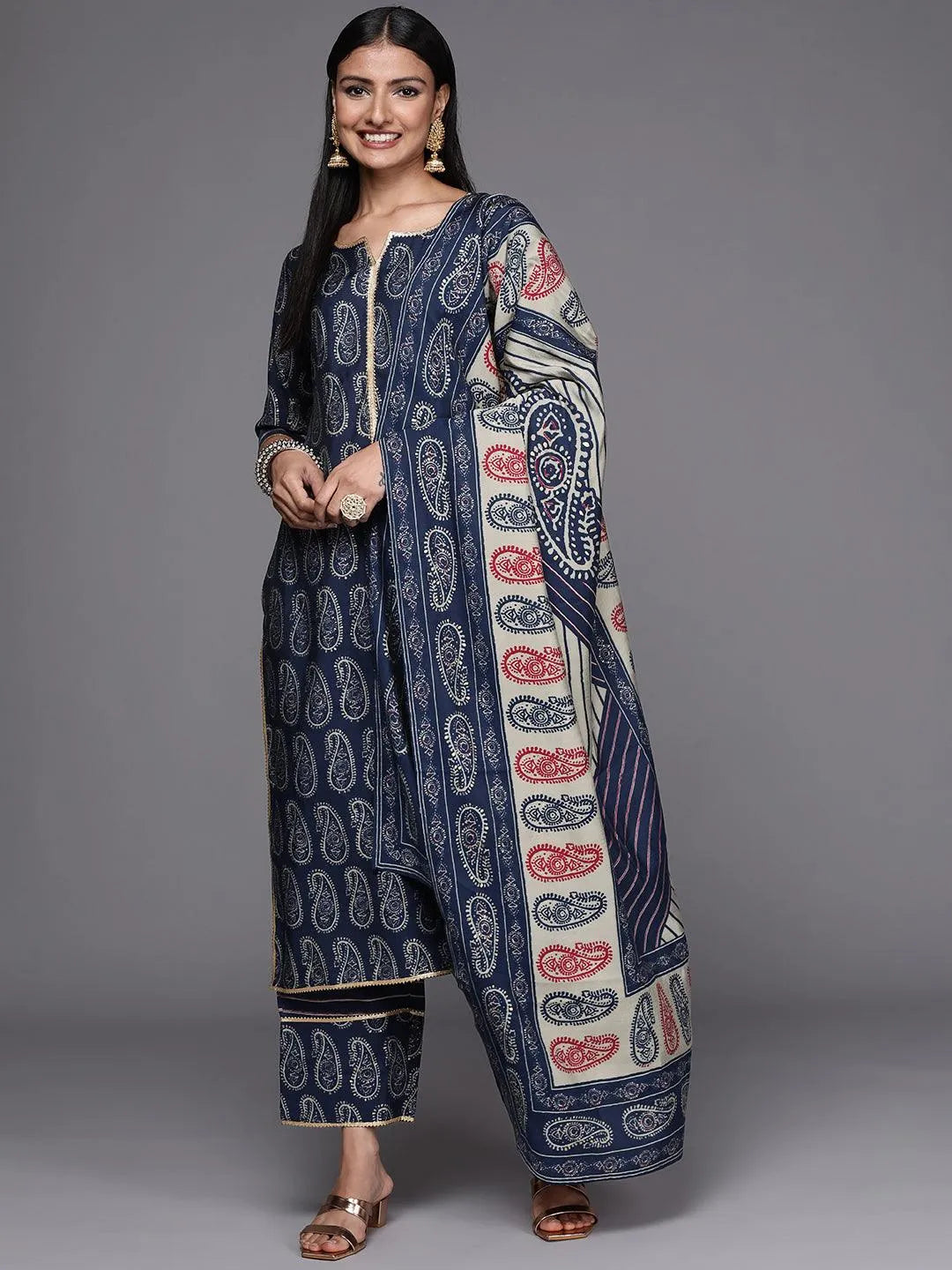 Navy Blue Yoke Design Silk Blend Straight Suit Set - Libas