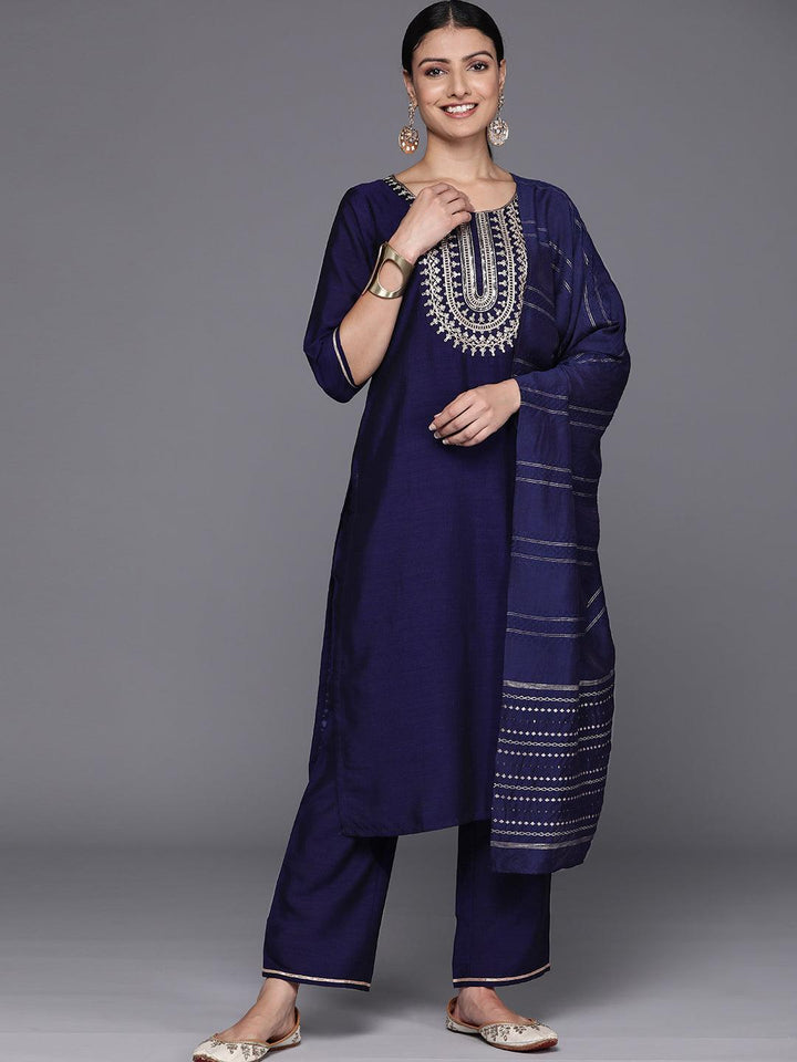 Navy Blue Yoke Design Silk Blend Straight Kurta With Trousers & Dupatta - Libas