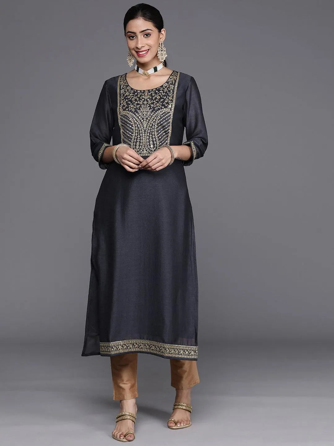 Navy Blue Yoke Design Silk Kurta - Libas