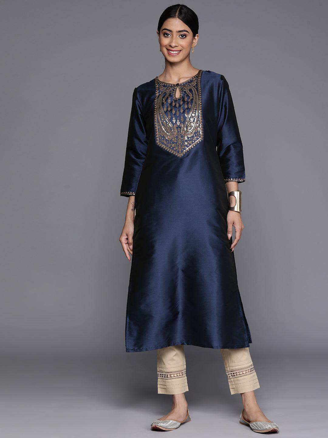 Navy Blue Yoke Design Silk Straight Kurta - Libas