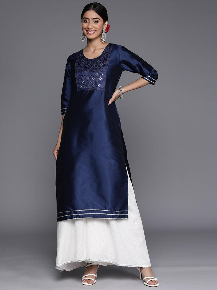 Navy Blue Yoke Design Silk Straight Kurta - Libas