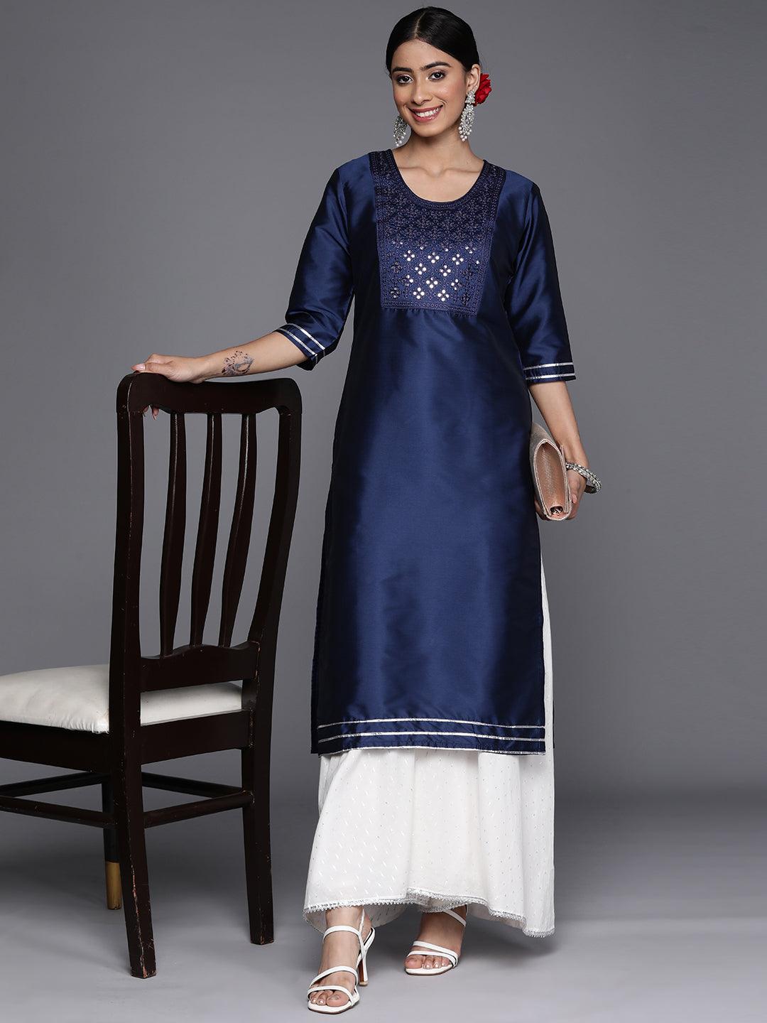 Navy Blue Yoke Design Silk Straight Kurta - Libas