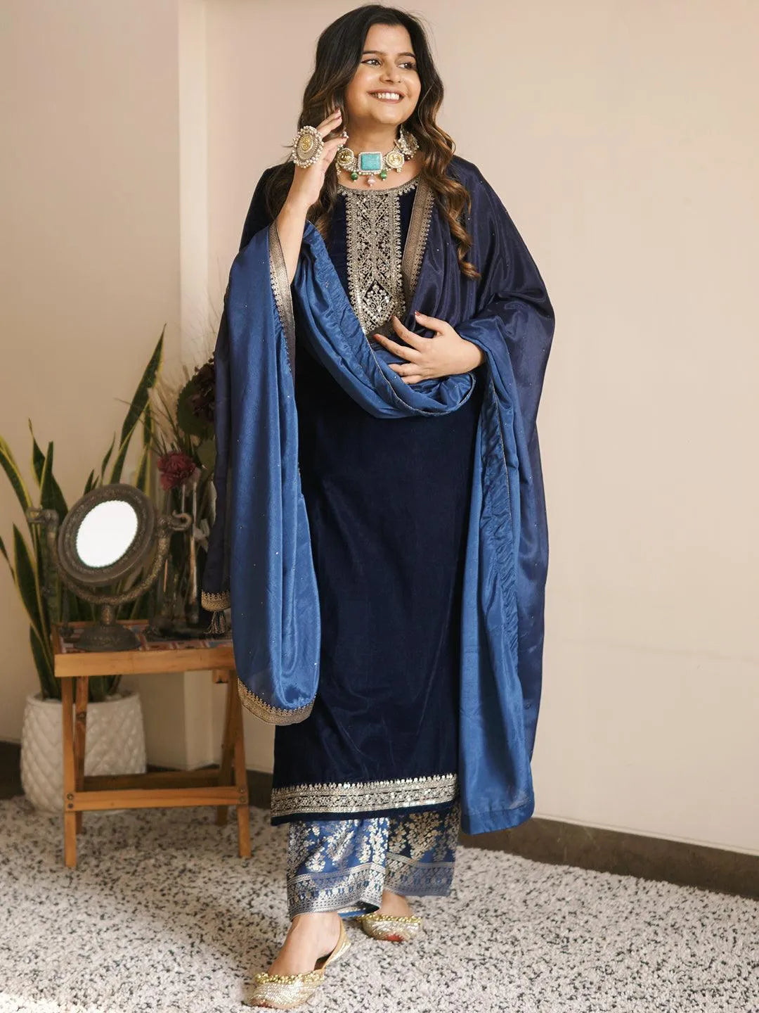 Navy Blue Yoke Design Velvet Straight Suit Set - Libas 