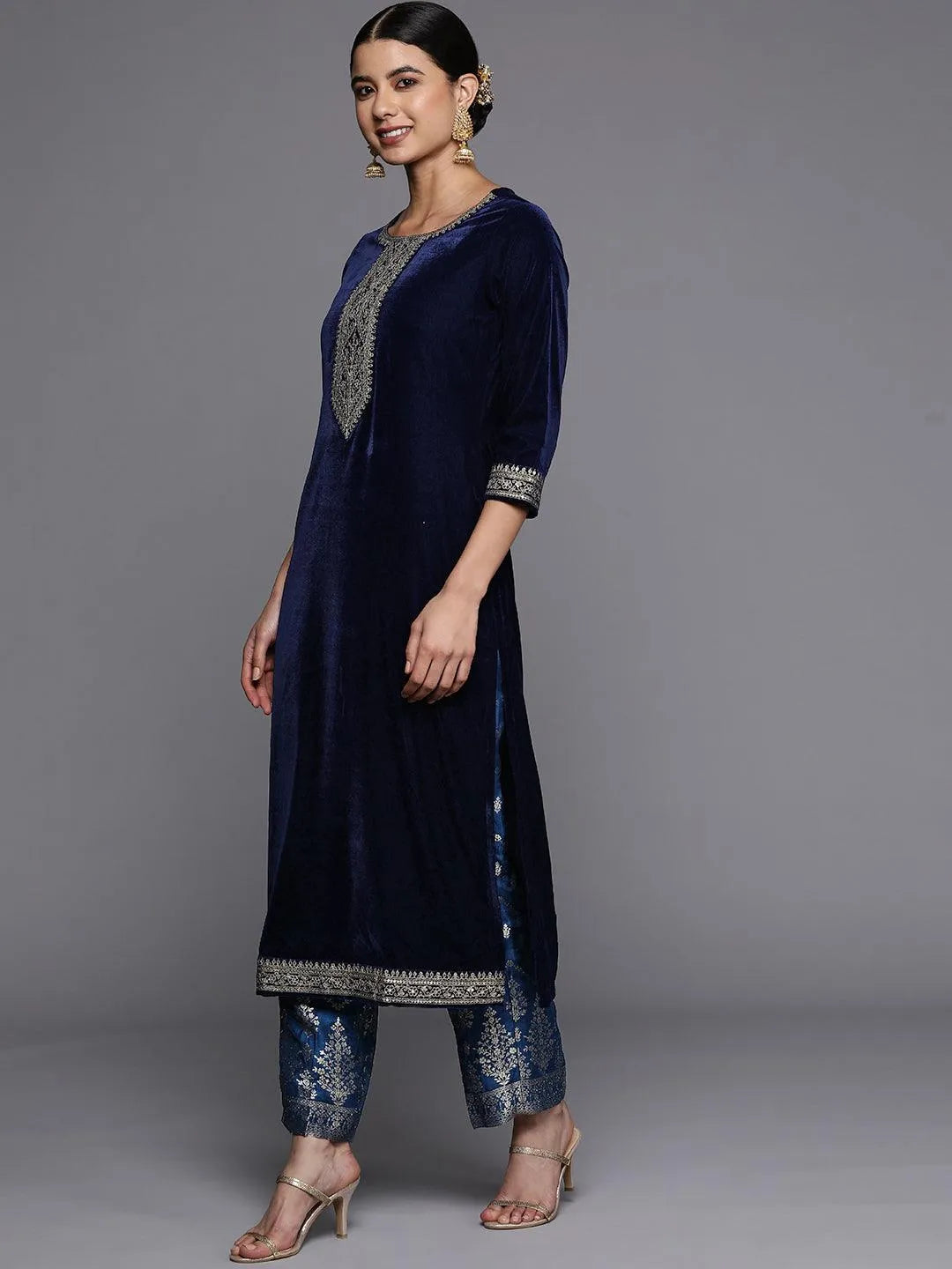 Navy Blue Yoke Design Velvet Straight Suit Set - Libas 