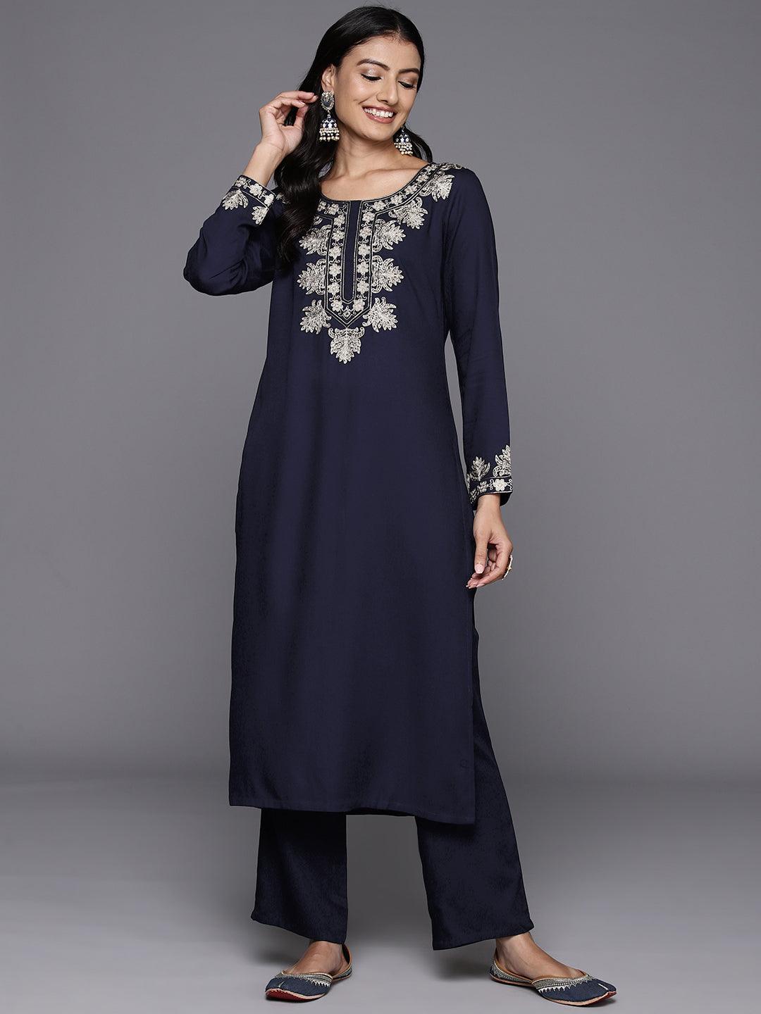 Navy Blue Yoke Design Wool Blend Straight Kurta With Palazzos - Libas