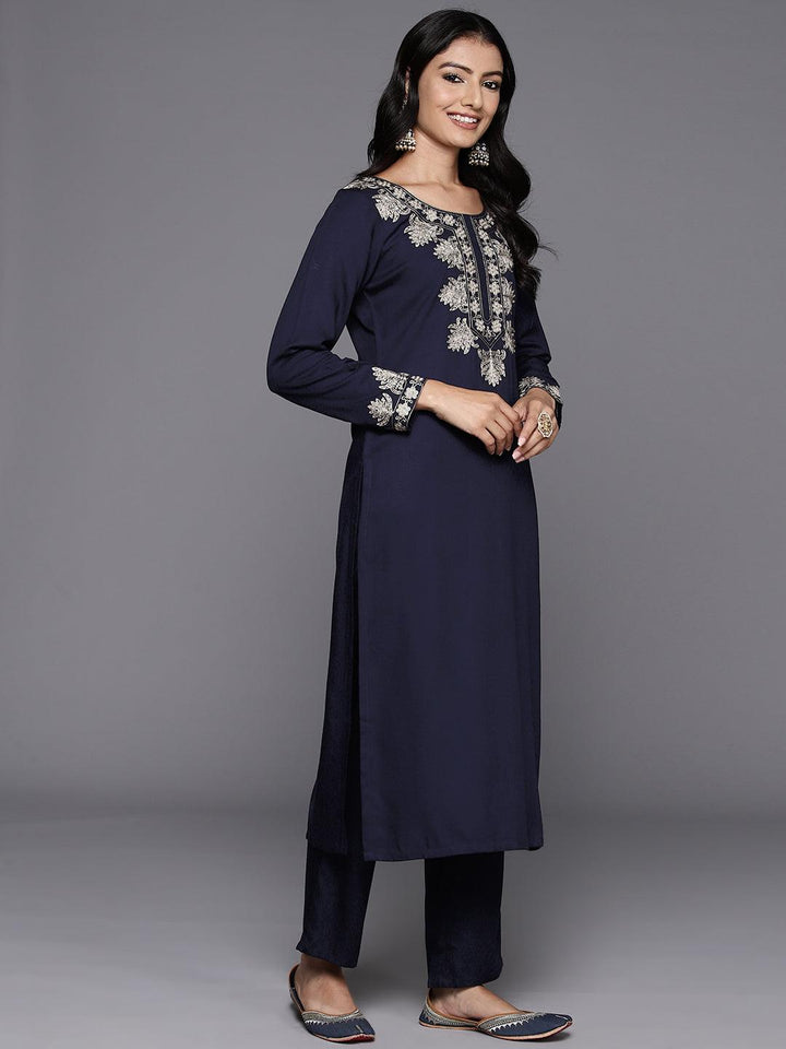 Navy Blue Yoke Design Wool Blend Straight Kurta With Palazzos - Libas