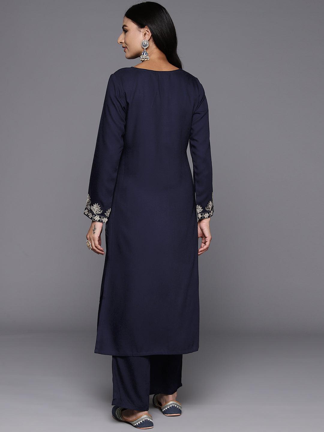 Navy Blue Yoke Design Wool Blend Straight Kurta With Palazzos - Libas