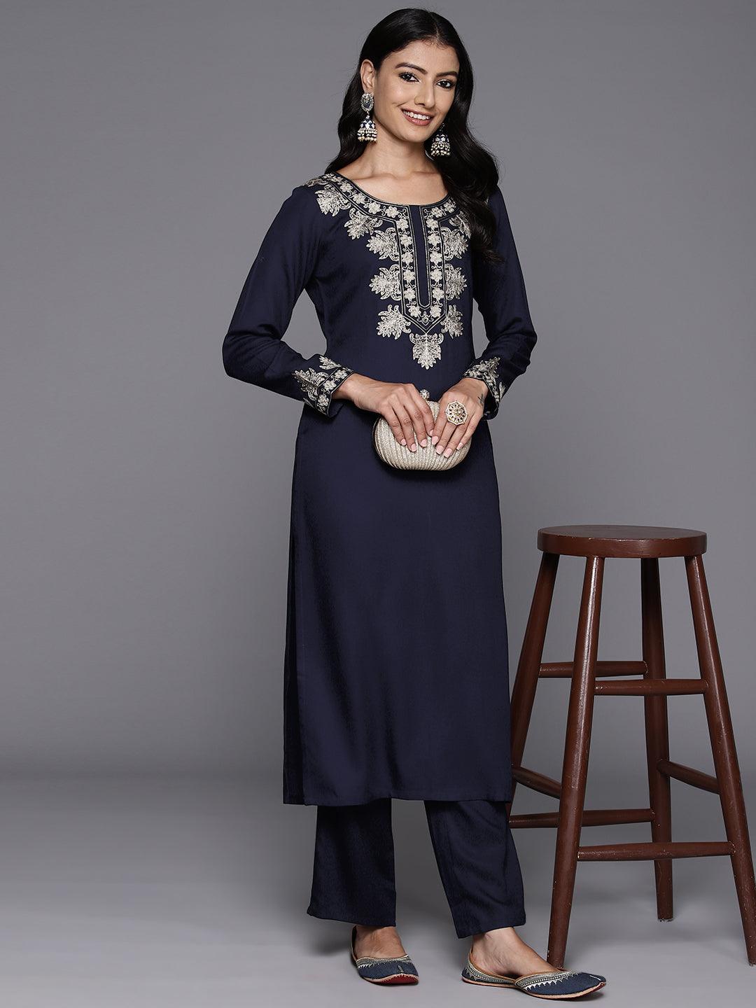 Navy Blue Yoke Design Wool Blend Straight Kurta With Palazzos - Libas