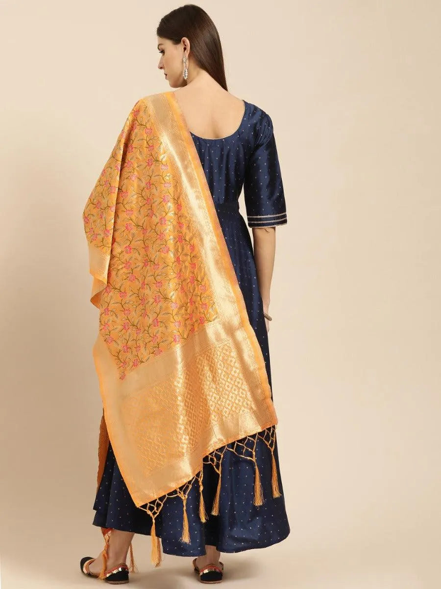 Navy Blue Zari Work Chanderi Dress With Dupatta - Libas