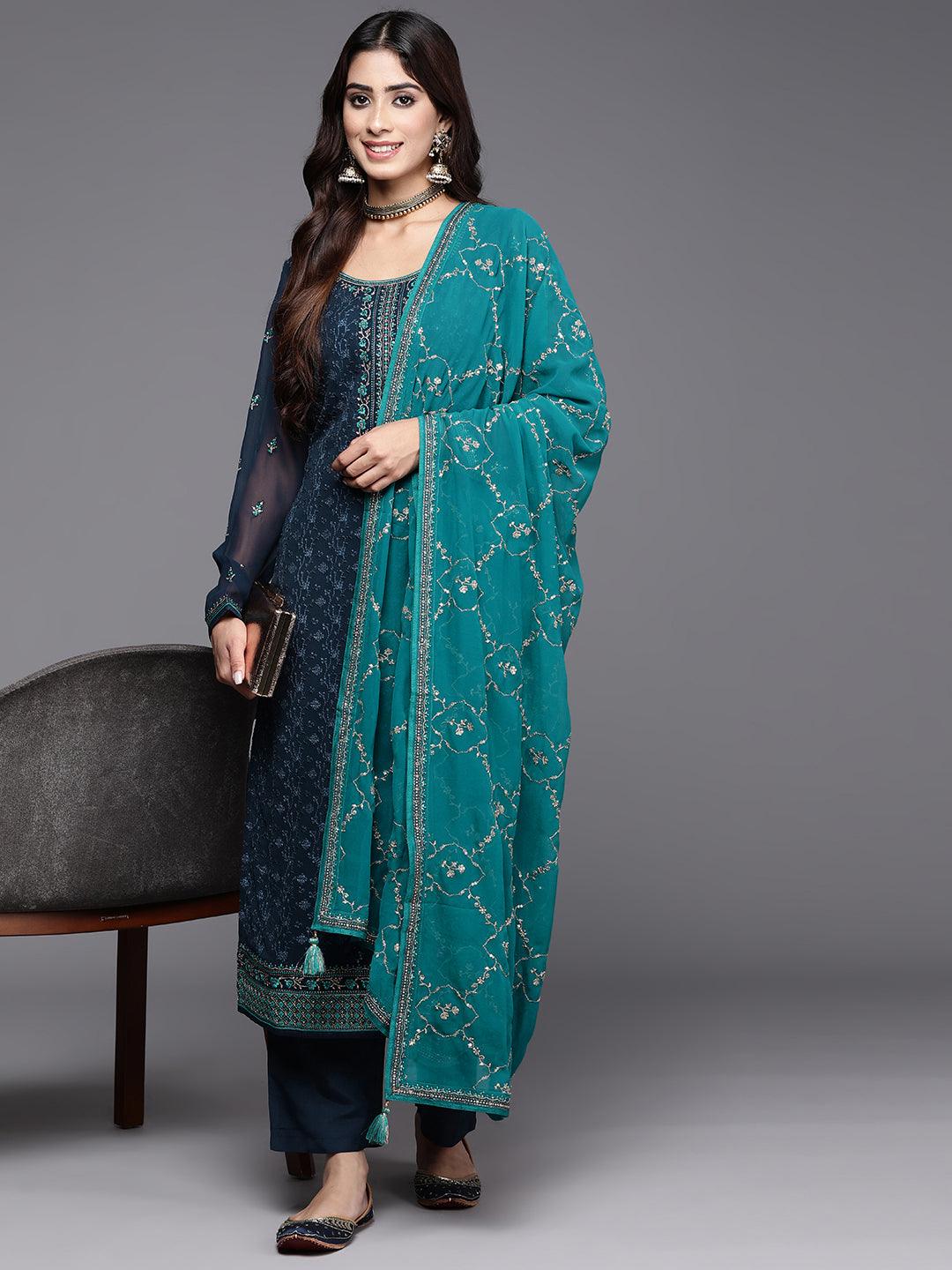 Navy Embroidered Georgette Straight Kurta With Trousers & Dupatta - Libas 