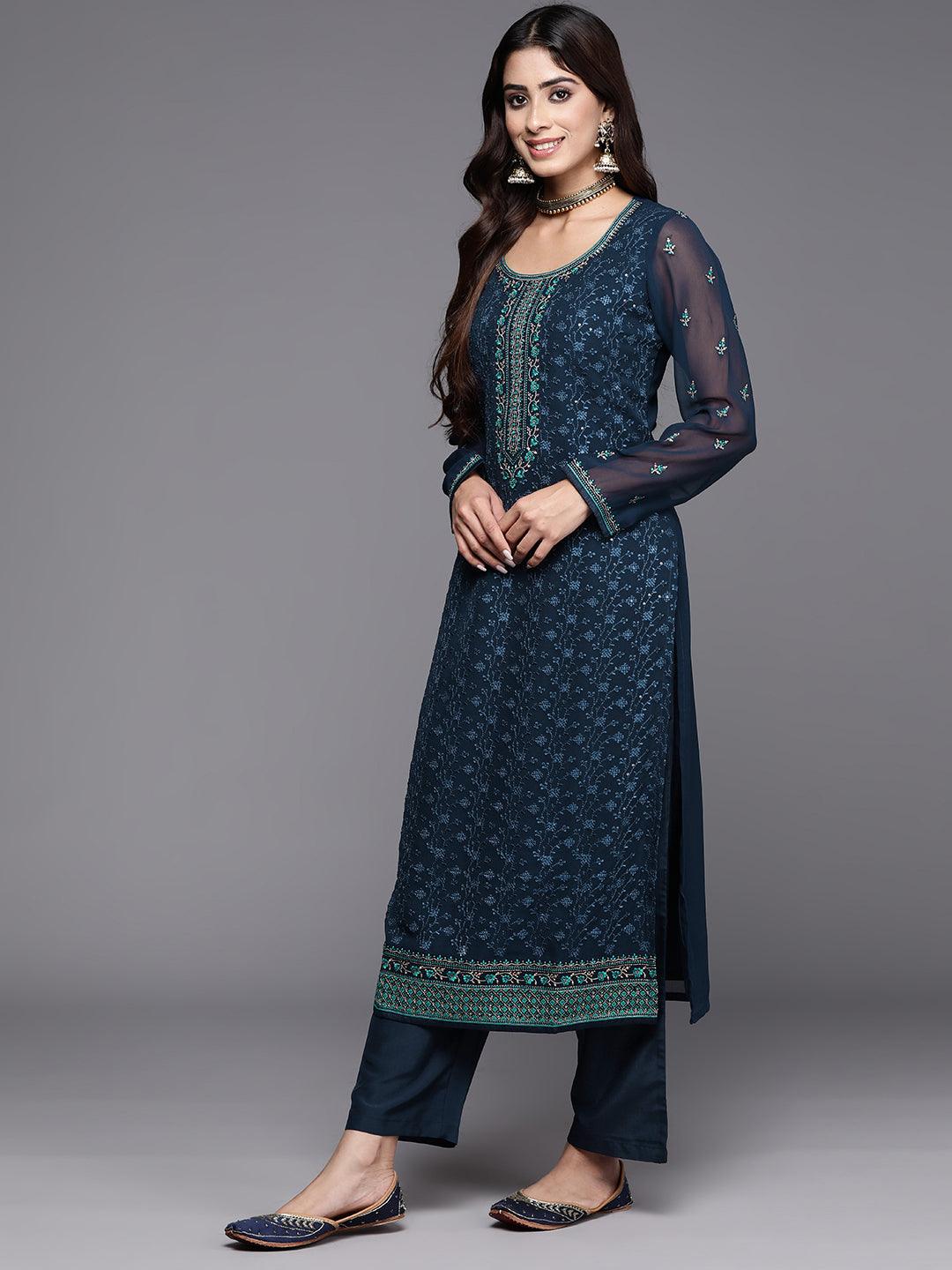 Navy Embroidered Georgette Straight Kurta With Trousers & Dupatta - Libas 