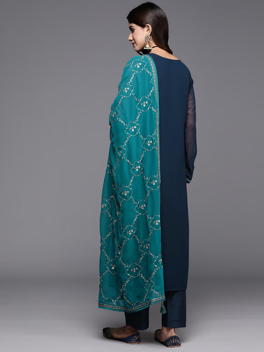 Navy Embroidered Georgette Straight Kurta With Trousers & Dupatta - Libas 