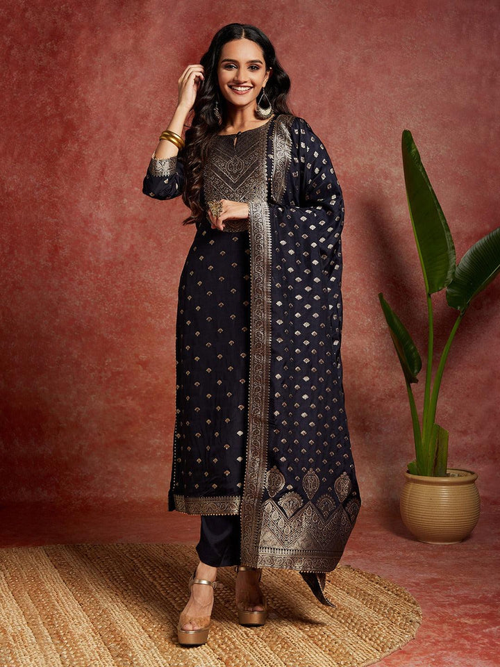 Navy Woven Design Silk Straight Kurta With Trousers & Dupatta - Libas