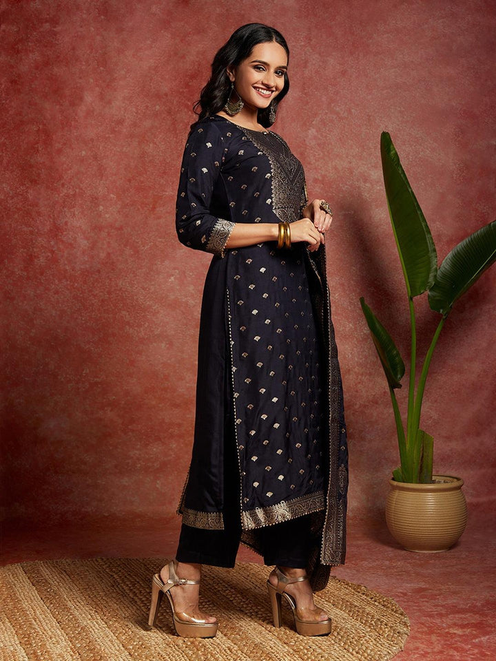 Navy Woven Design Silk Straight Kurta With Trousers & Dupatta - Libas