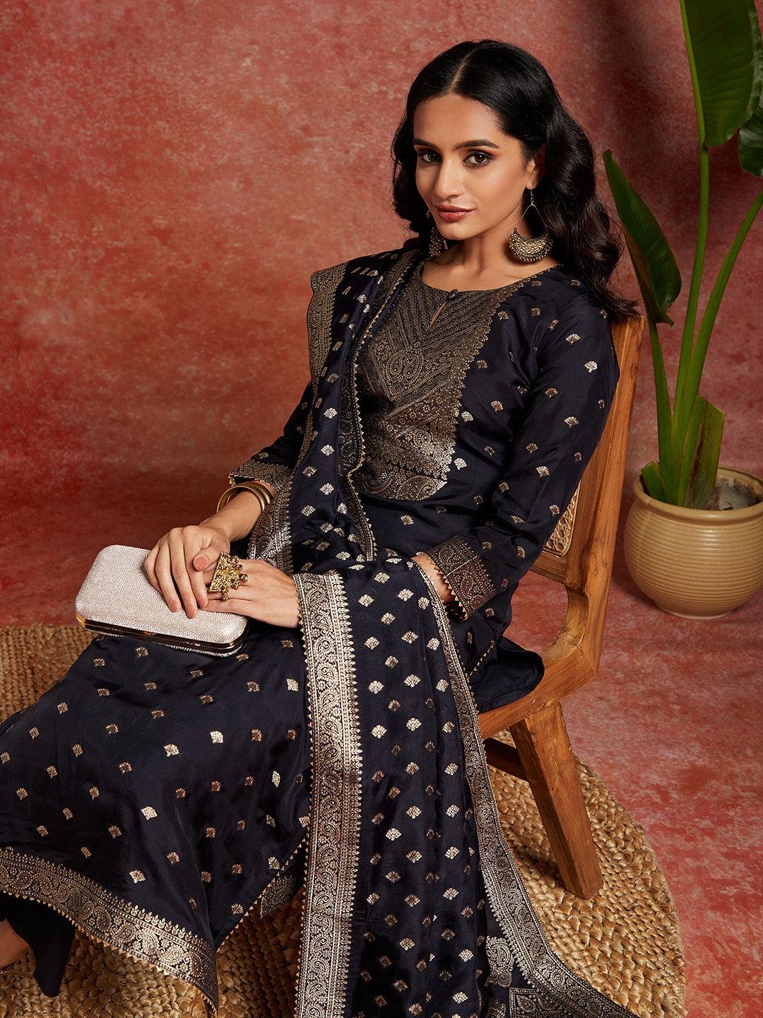 Navy Woven Design Silk Straight Kurta With Trousers & Dupatta - Libas