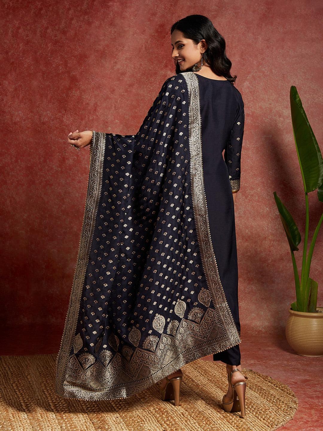 Navy Woven Design Silk Straight Kurta With Trousers & Dupatta - Libas