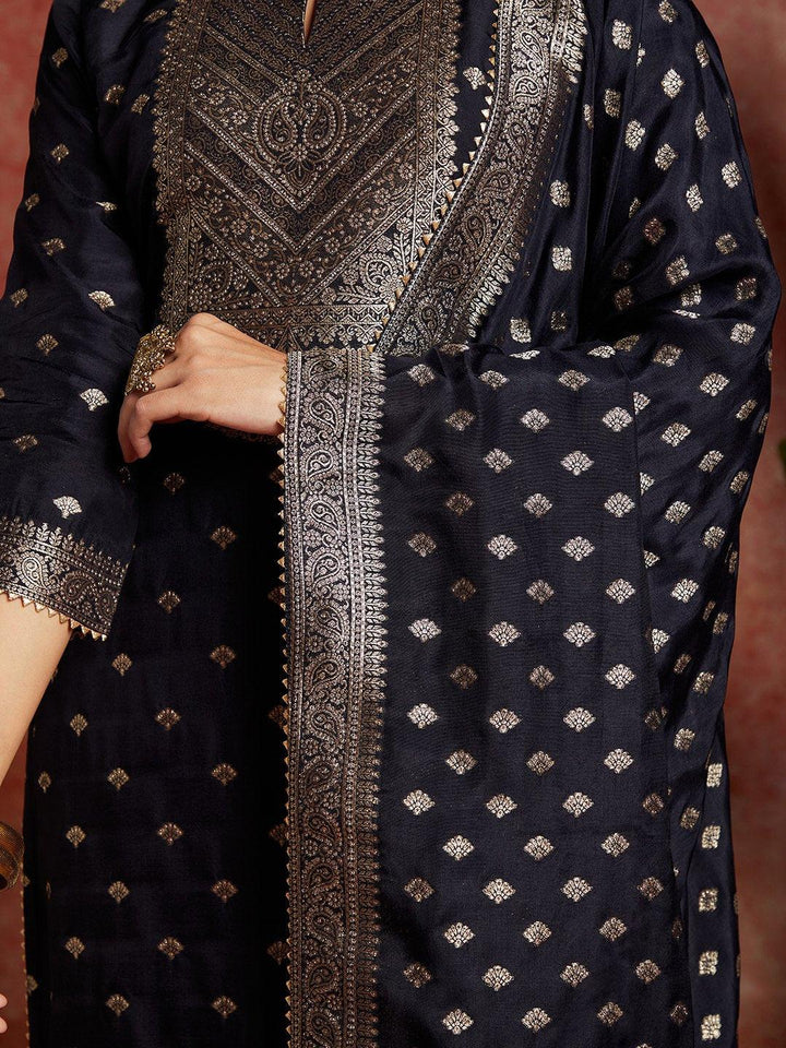 Navy Woven Design Silk Straight Kurta With Trousers & Dupatta - Libas