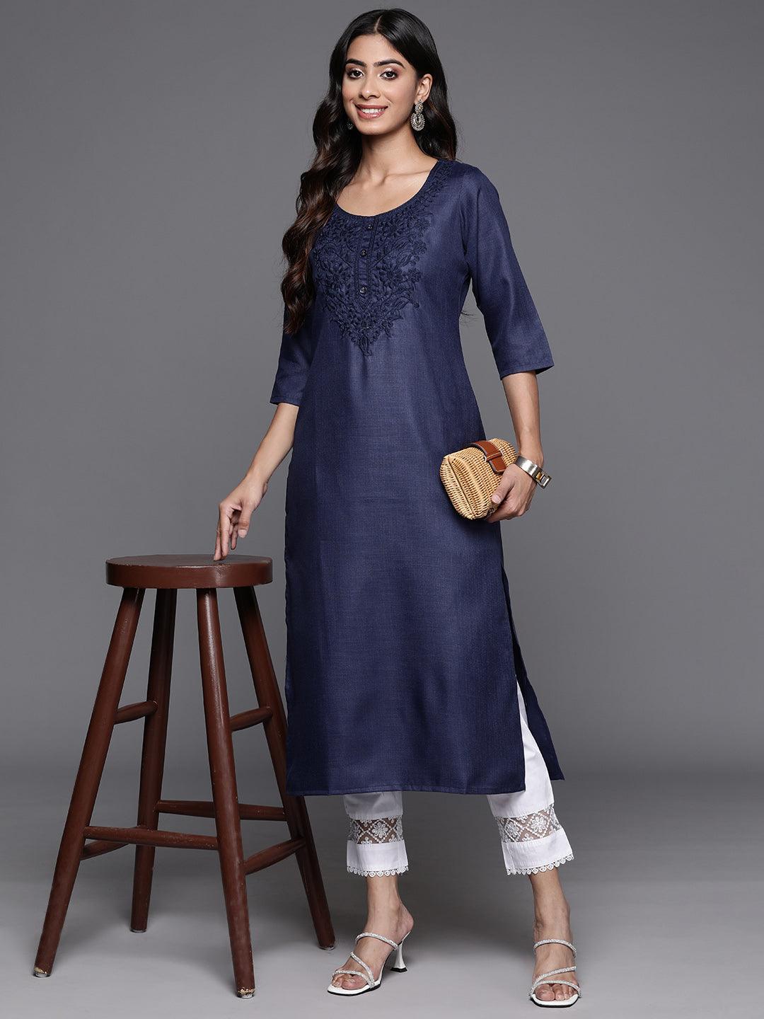 Navy Yoke Design Cotton Straight Kurta - Libas 