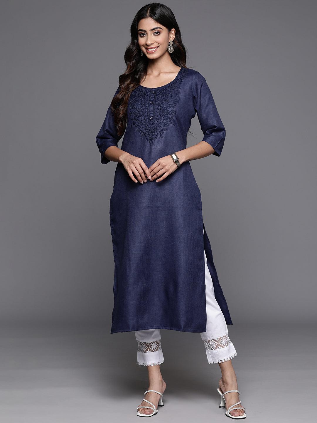 Navy Yoke Design Cotton Straight Kurta - Libas 