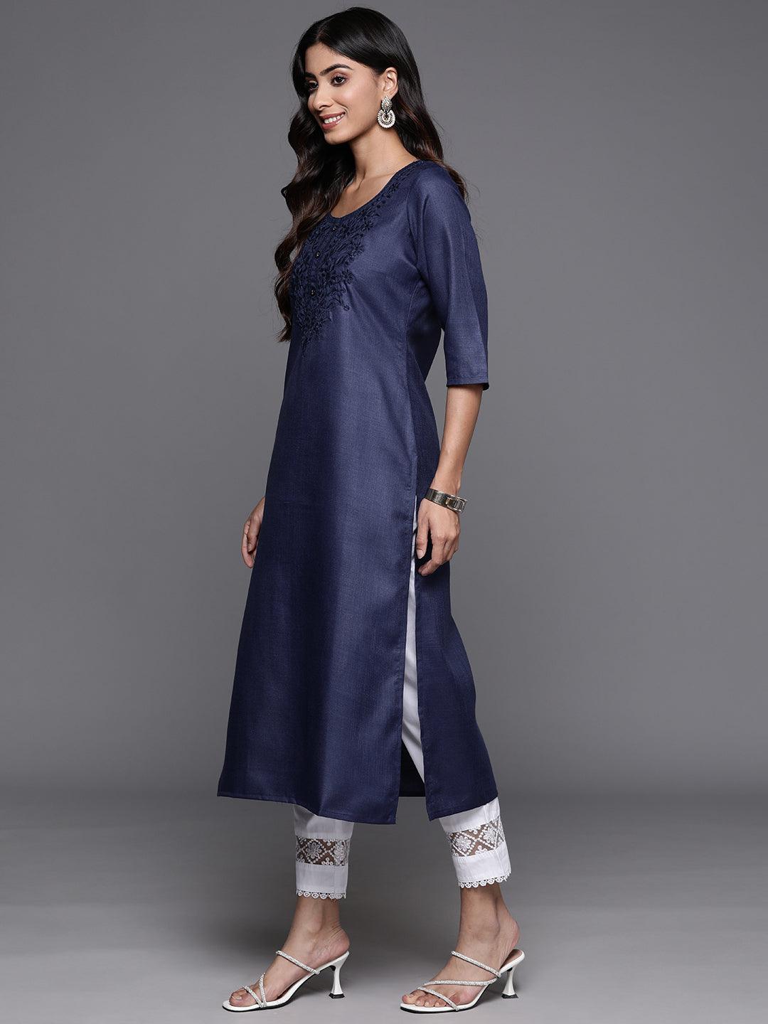 Navy Yoke Design Cotton Straight Kurta - Libas 