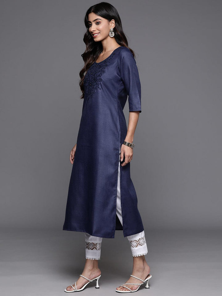 Navy Yoke Design Cotton Straight Kurta - Libas