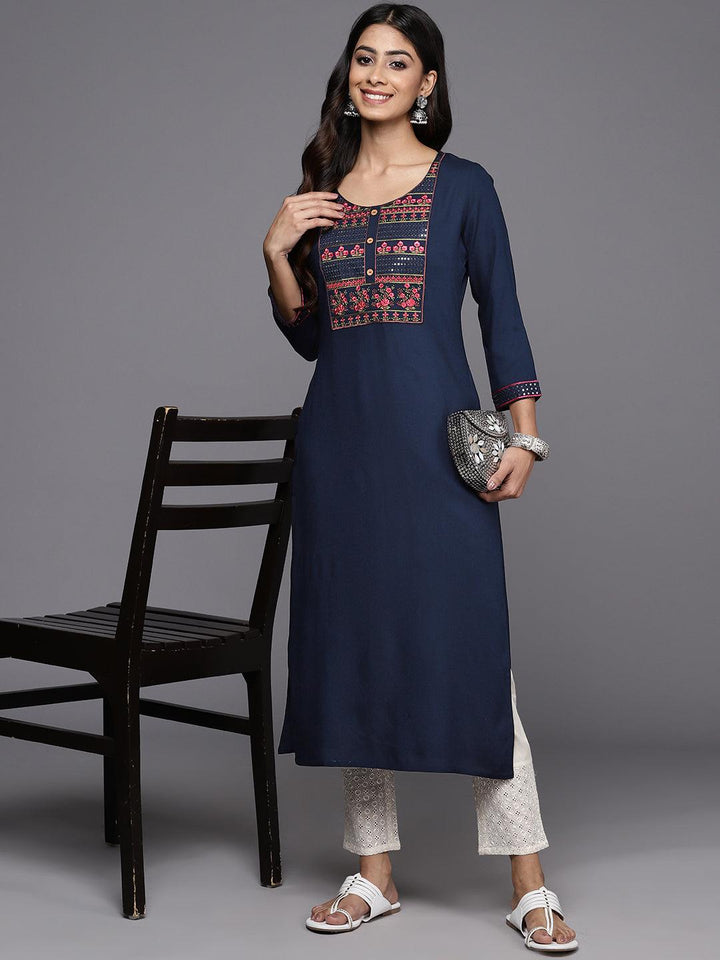 Navy Yoke Design Rayon Straight Kurta - Libas