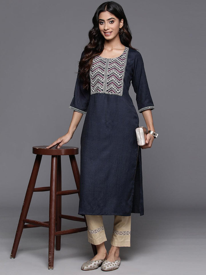 Navy Yoke Design Rayon Straight Kurta - Libas