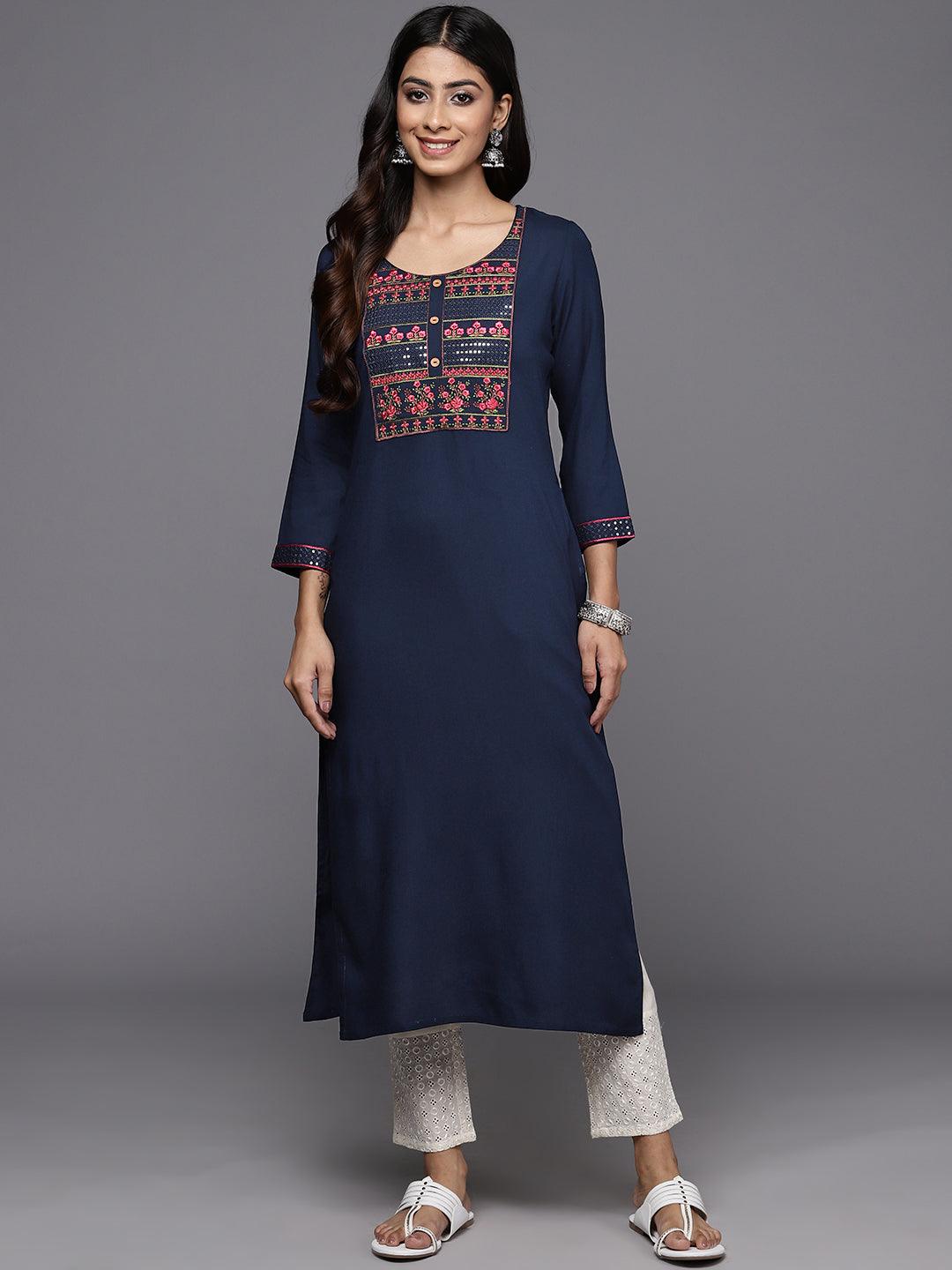 Navy Yoke Design Rayon Straight Kurta - Libas