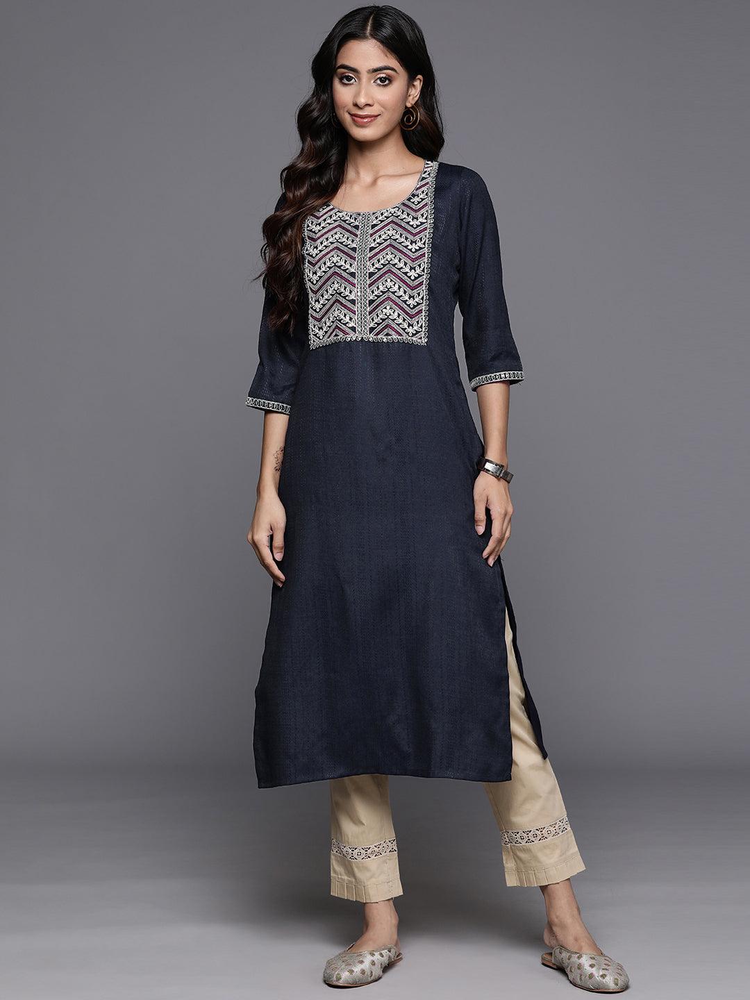 Navy Yoke Design Rayon Straight Kurta - Libas