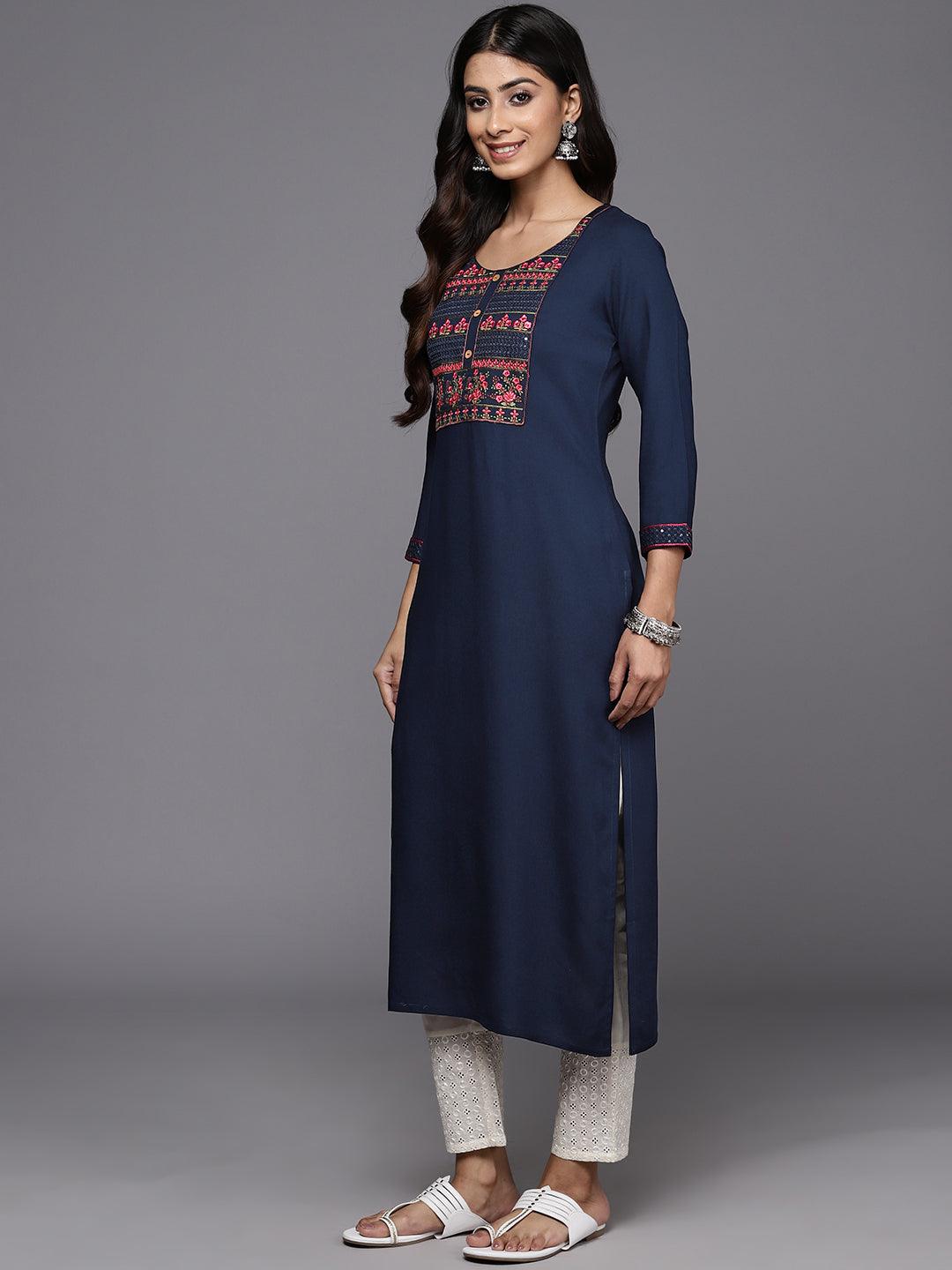 Navy Yoke Design Rayon Straight Kurta - Libas