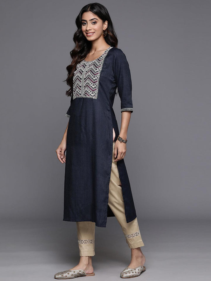 Navy Yoke Design Rayon Straight Kurta - Libas