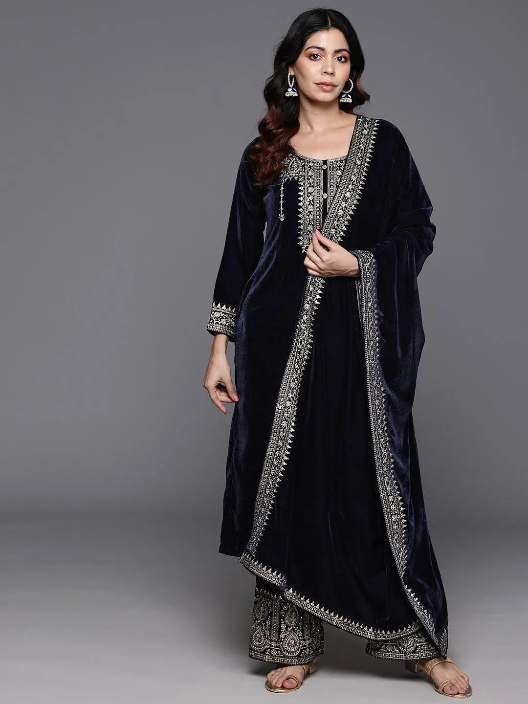 Navy Yoke Design Velvet Straight Kurta With Palazzos & Dupatta - Libas