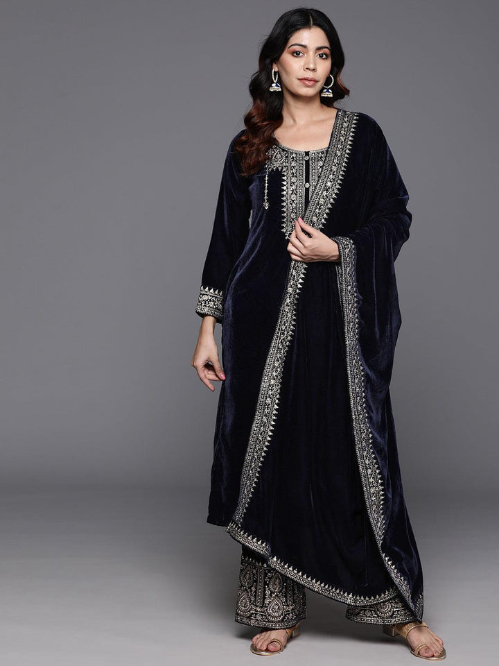 Navy Yoke Design Velvet Straight Kurta With Palazzos & Dupatta - Libas