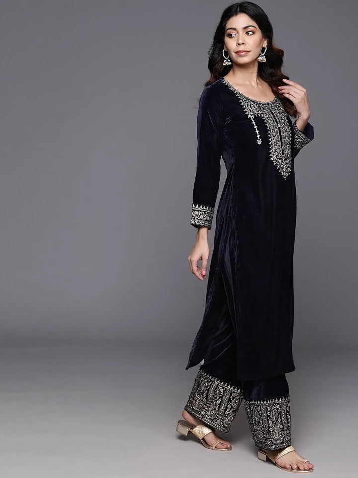 Navy Yoke Design Velvet Straight Kurta With Palazzos & Dupatta - Libas