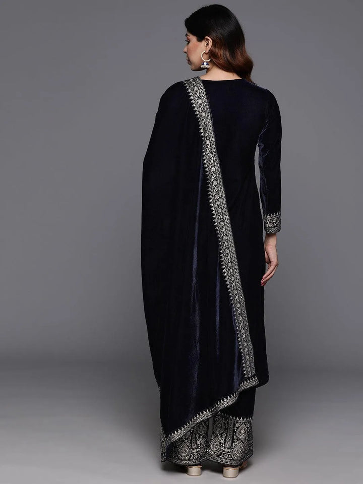 Navy Yoke Design Velvet Straight Kurta With Palazzos & Dupatta - Libas