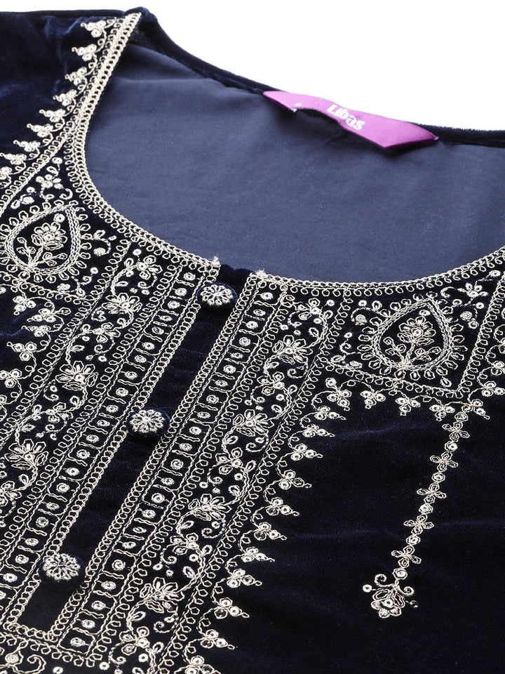 Navy Yoke Design Velvet Straight Kurta With Palazzos & Dupatta - Libas