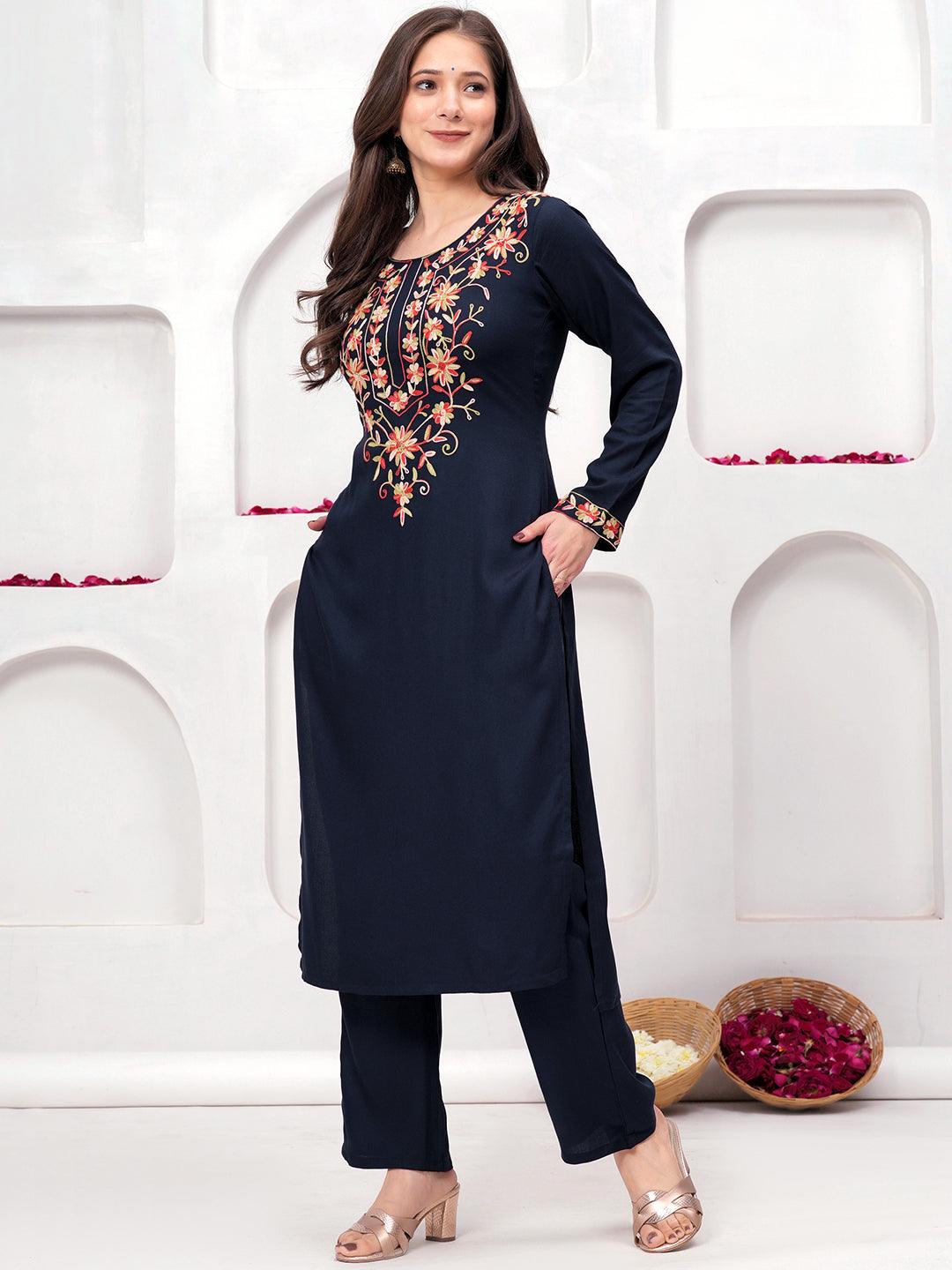 Navy Yoke Design Wool Blend Straight Kurta With Palazzos - Libas