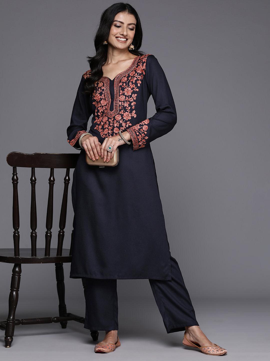 Navy Yoke Design Wool Blend Straight Kurta With Palazzos - Libas