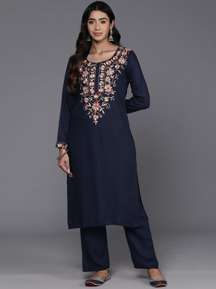 Navy Yoke Design Wool Blend Straight Kurta With Palazzos - Libas