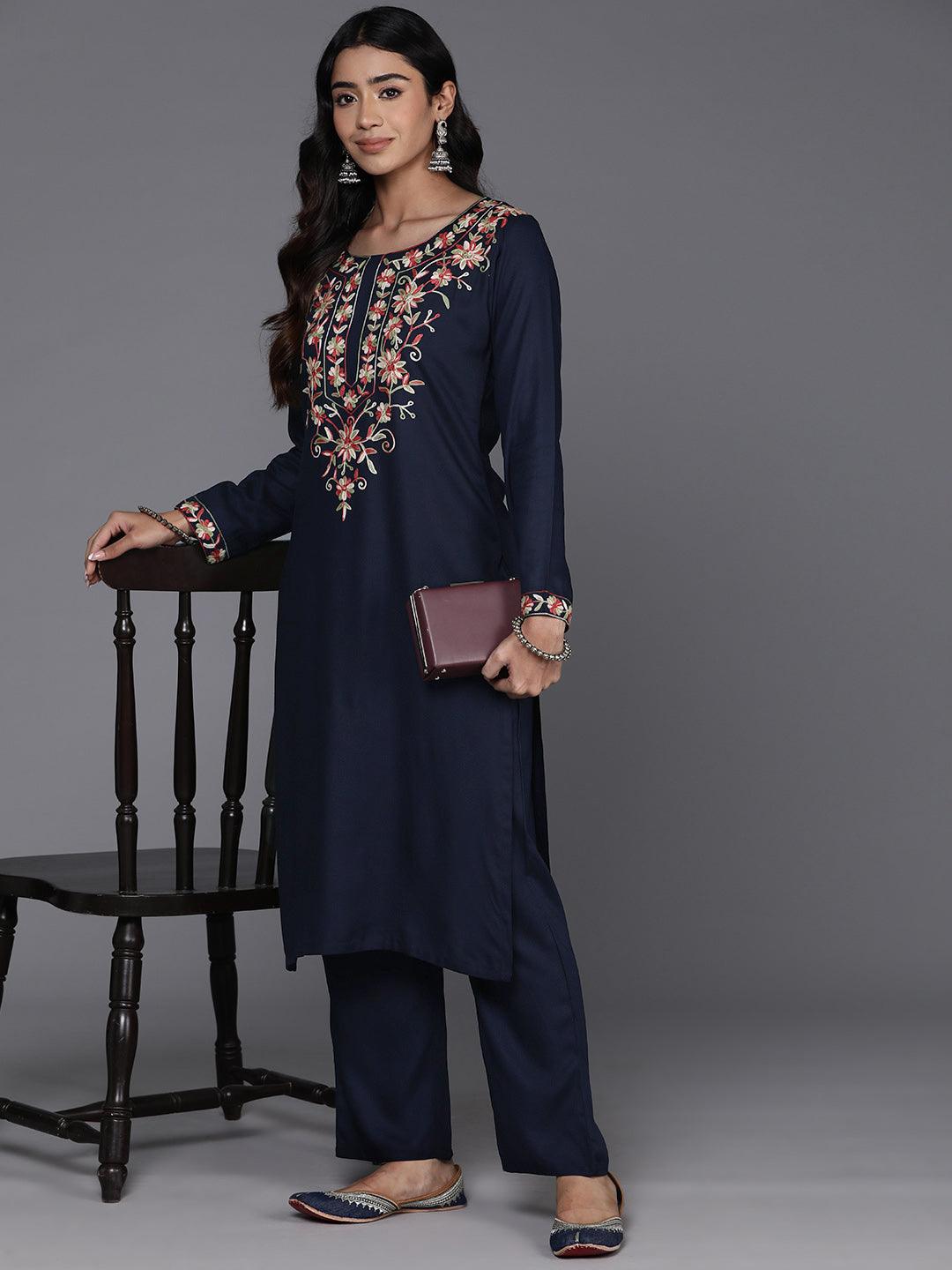 Navy Yoke Design Wool Blend Straight Kurta With Palazzos - Libas