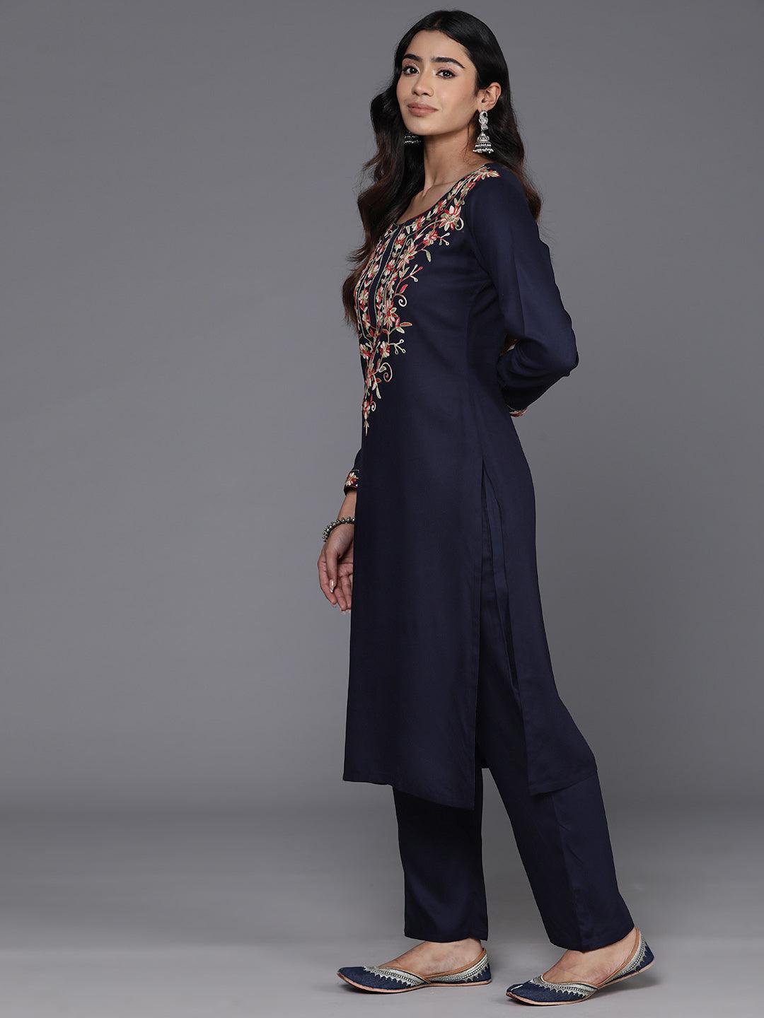 Navy Yoke Design Wool Blend Straight Kurta With Palazzos - Libas